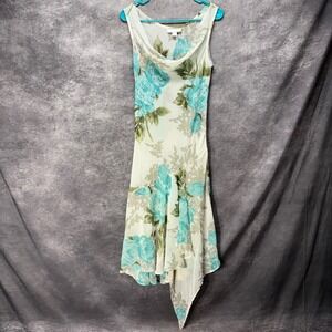 Y2K Dressbarn Midi Fairy Dress M Cream Teal Floral Cowl Neck Sequin Asymmetric